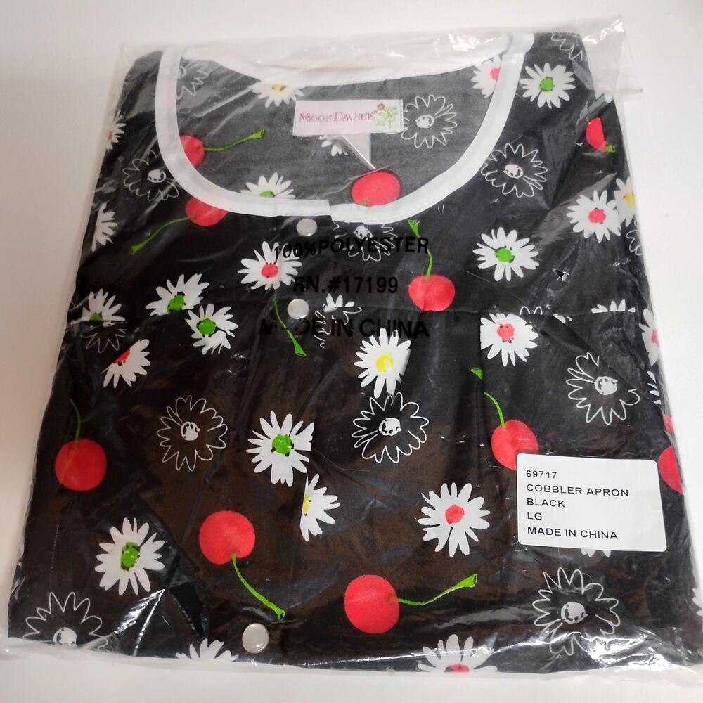 🍒🌼Snap Front Cobbler Apron🧑🏻🍳 Cherries Floral Daisies Large Black Red